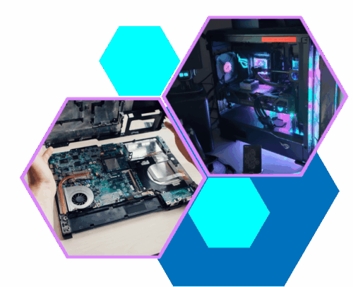 Hexagons brightly coloured blue, cyan and magenta, within are a laptop being repaired and a gaming pc with lights,